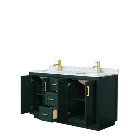 Miranda 60 Inch Double Bathroom Vanity in Green White Carrara Marble Countertop Undermount Square Sinks Brushed Gold Trim