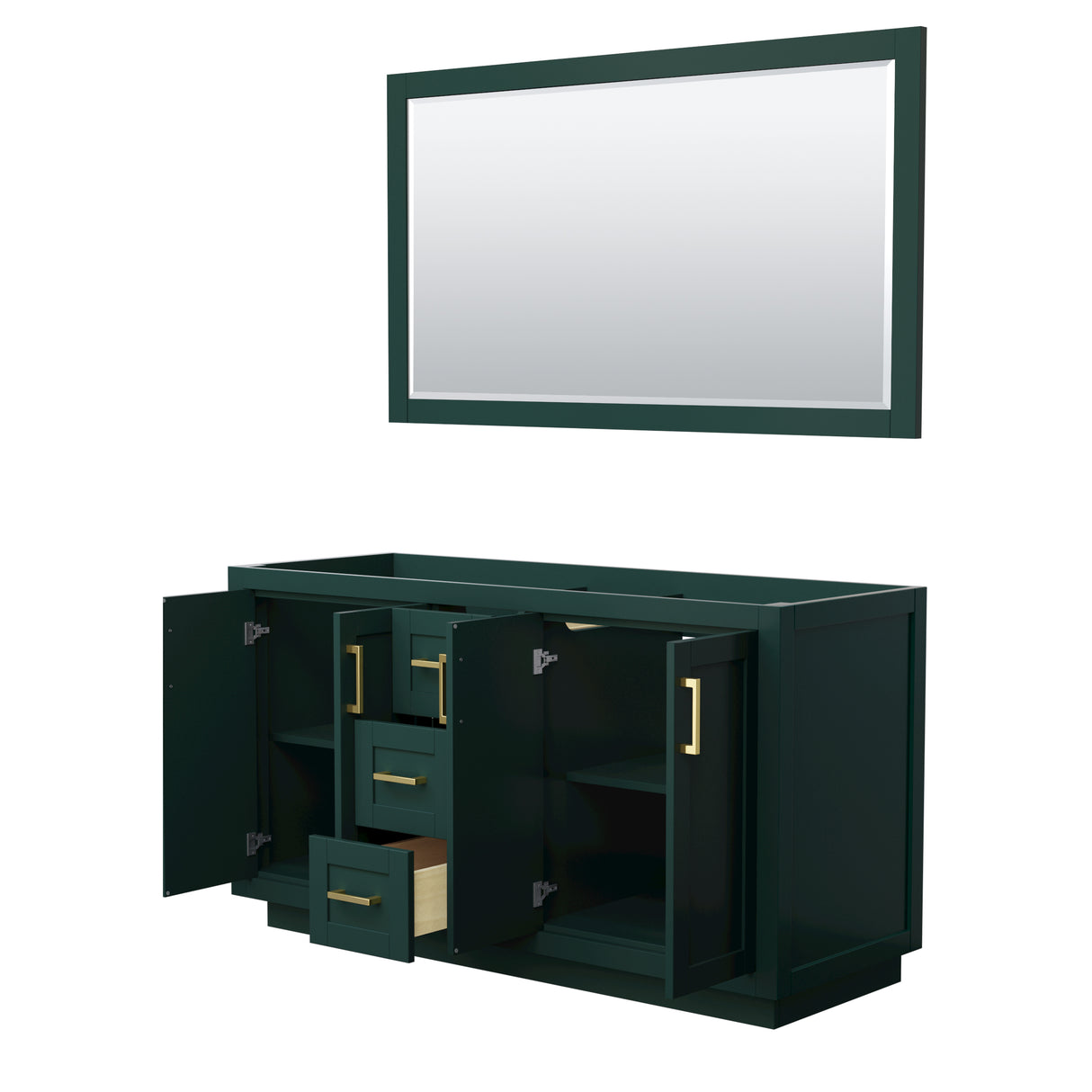 Miranda 60 Inch Double Bathroom Vanity in Green No Countertop No Sink Brushed Gold Trim 58 Inch Mirror