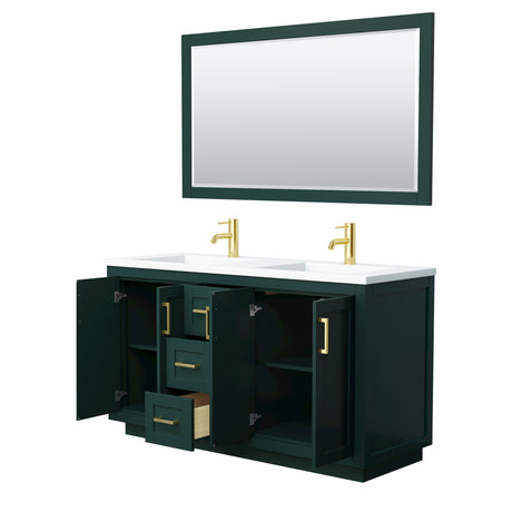 Miranda 60 Inch Double Bathroom Vanity in Green 1.25 Inch Thick Matte White Solid Surface Countertop Integrated Sinks Brushed Gold Trim 58 Inch Mirror