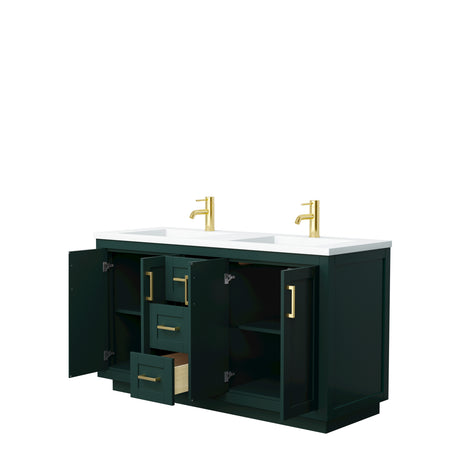Miranda 60 Inch Double Bathroom Vanity in Green 1.25 Inch Thick Matte White Solid Surface Countertop Integrated Sinks Brushed Gold Trim