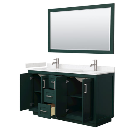 Miranda 60 Inch Double Bathroom Vanity in Green Carrara Cultured Marble Countertop Undermount Square Sinks Brushed Nickel Trim 58 Inch Mirror