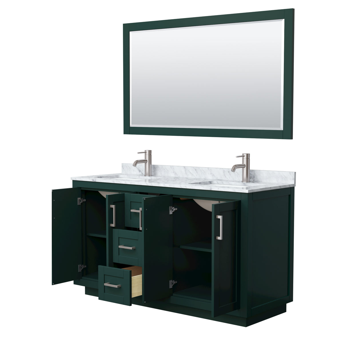 Miranda 60 Inch Double Bathroom Vanity in Green White Carrara Marble Countertop Undermount Square Sinks Brushed Nickel Trim 58 Inch Mirror