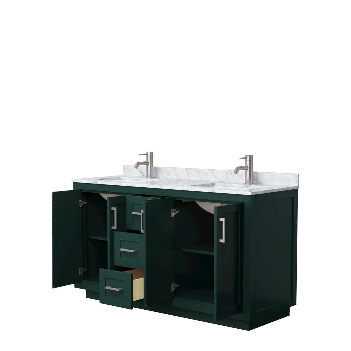 Miranda 60 Inch Double Bathroom Vanity in Green White Carrara Marble Countertop Undermount Square Sinks Brushed Nickel Trim
