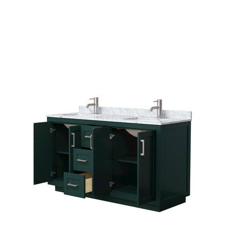 Miranda 60 Inch Double Bathroom Vanity in Green White Carrara Marble Countertop Undermount Square Sinks Brushed Nickel Trim