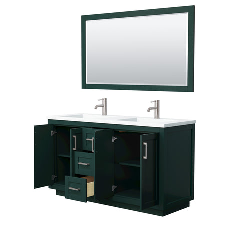 Miranda 60 Inch Double Bathroom Vanity in Green 1.25 Inch Thick Matte White Solid Surface Countertop Integrated Sinks Brushed Nickel Trim 58 Inch Mirror