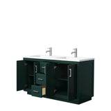 Miranda 60 Inch Double Bathroom Vanity in Green 1.25 Inch Thick Matte White Solid Surface Countertop Integrated Sinks Brushed Nickel Trim