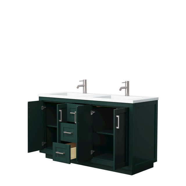 Miranda 60 Inch Double Bathroom Vanity in Green 1.25 Inch Thick Matte White Solid Surface Countertop Integrated Sinks Brushed Nickel Trim