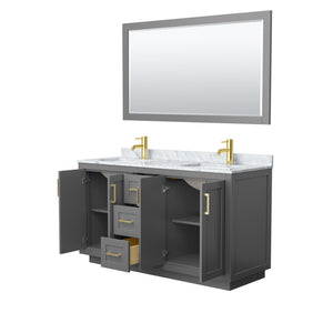 Miranda 60 Inch Double Bathroom Vanity in Dark Gray White Carrara Marble Countertop Undermount Square Sinks Brushed Gold Trim 58 Inch Mirror