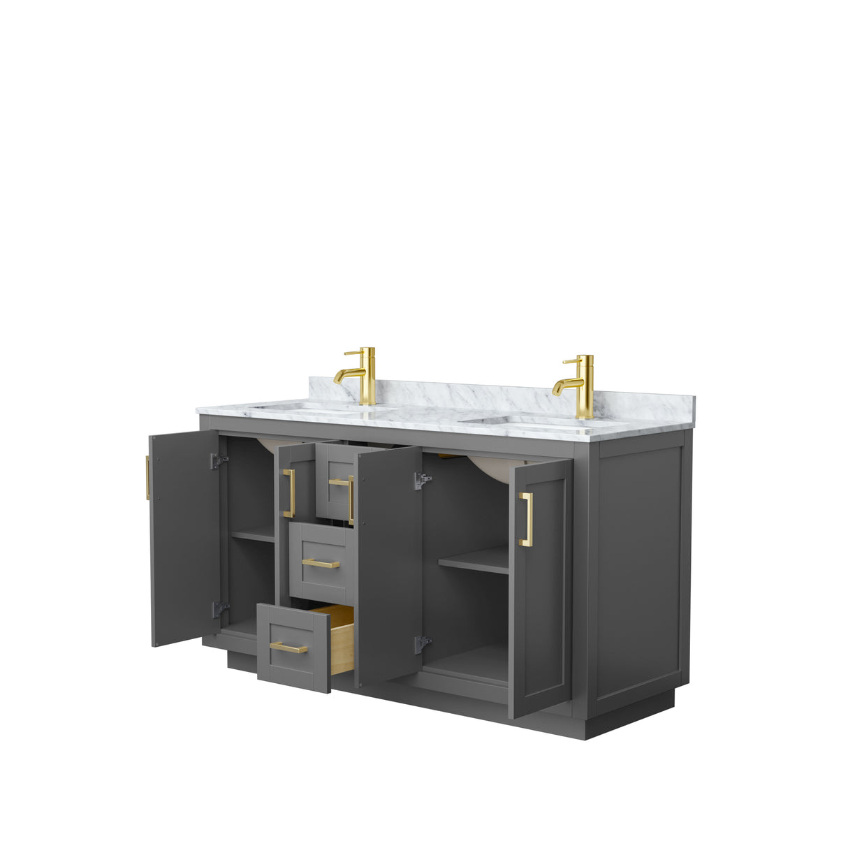 Miranda 60 Inch Double Bathroom Vanity in Dark Gray White Carrara Marble Countertop Undermount Square Sinks Brushed Gold Trim