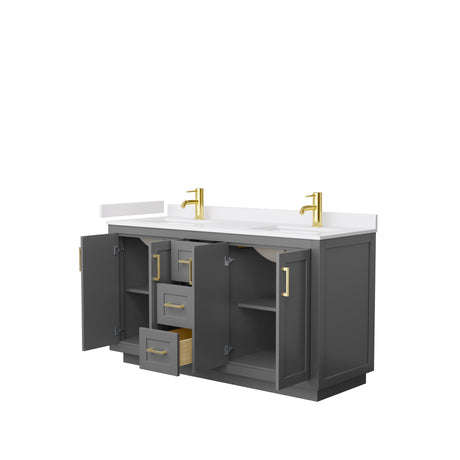 Miranda 60 Inch Double Bathroom Vanity in Dark Gray White Cultured Marble Countertop Undermount Square Sinks Brushed Gold Trim
