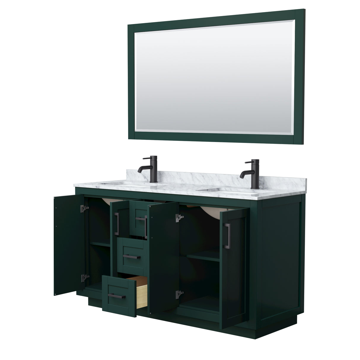 Miranda 60 Inch Double Bathroom Vanity in Green White Carrara Marble Countertop Undermount Square Sinks Matte Black Trim 58 Inch Mirror