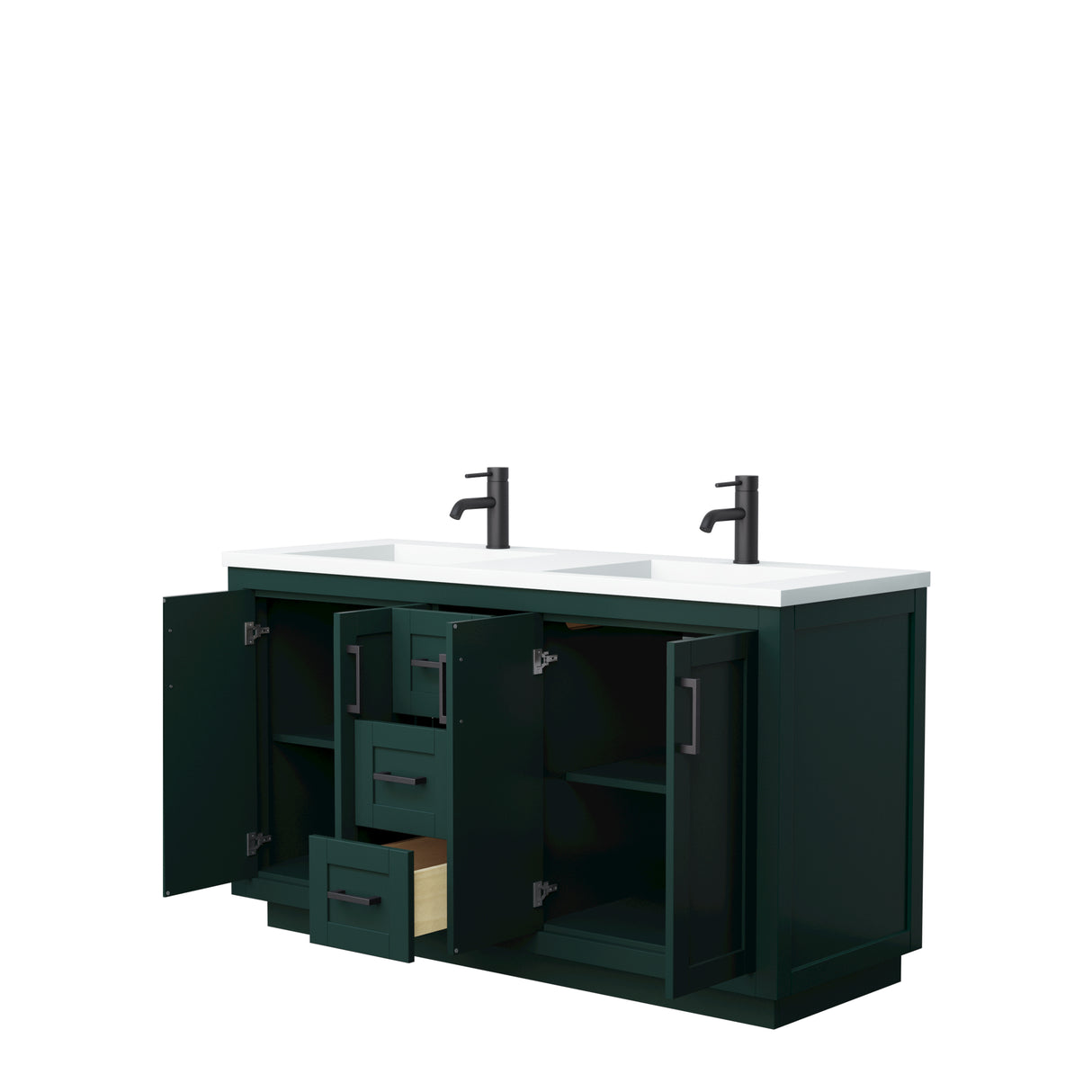 Miranda 60 Inch Double Bathroom Vanity in Green 1.25 Inch Thick Matte White Solid Surface Countertop Integrated Sinks Matte Black Trim