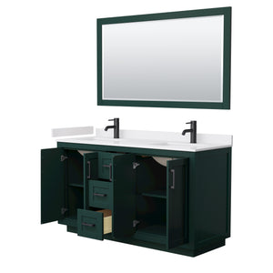 Miranda 60 Inch Double Bathroom Vanity in Green White Cultured Marble Countertop Undermount Square Sinks Matte Black Trim 58 Inch Mirror
