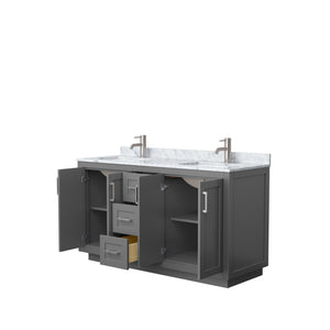 Miranda 60 Inch Double Bathroom Vanity in Dark Gray White Carrara Marble Countertop Undermount Square Sinks Brushed Nickel Trim
