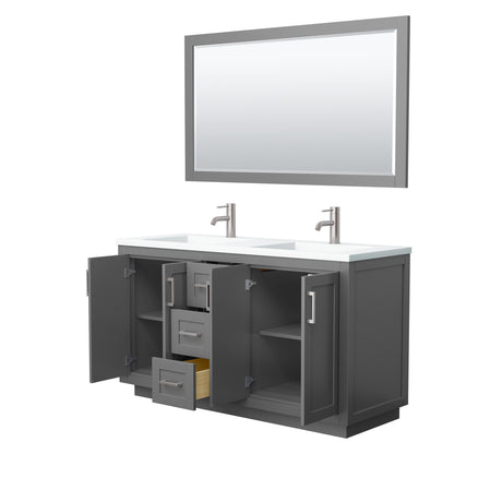 Miranda 60 Inch Double Bathroom Vanity in Dark Gray 1.25 Inch Thick Matte White Solid Surface Countertop Integrated Sinks Brushed Nickel Trim 58 Inch Mirror