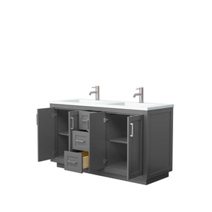 Miranda 60 Inch Double Bathroom Vanity in Dark Gray 1.25 Inch Thick Matte White Solid Surface Countertop Integrated Sinks Brushed Nickel Trim