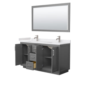 Miranda 60 Inch Double Bathroom Vanity in Dark Gray White Cultured Marble Countertop Undermount Square Sinks Brushed Nickel Trim 58 Inch Mirror