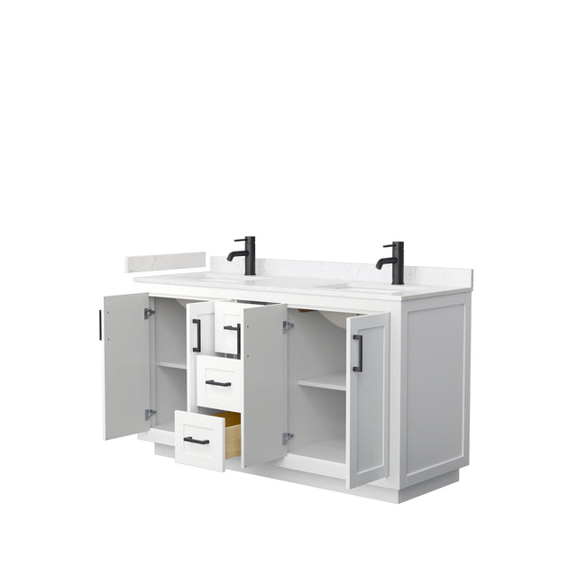 Miranda 60 Inch Double Bathroom Vanity in White Carrara Cultured Marble Countertop Undermount Square Sinks Matte Black Trim