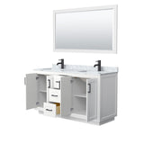 Miranda 60 Inch Double Bathroom Vanity in White White Carrara Marble Countertop Undermount Square Sinks Matte Black Trim 58 Inch Mirror