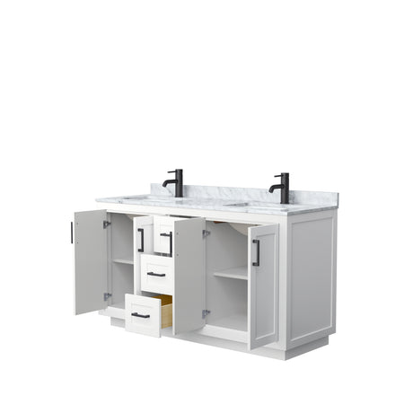 Miranda 60 Inch Double Bathroom Vanity in White White Carrara Marble Countertop Undermount Square Sinks Matte Black Trim