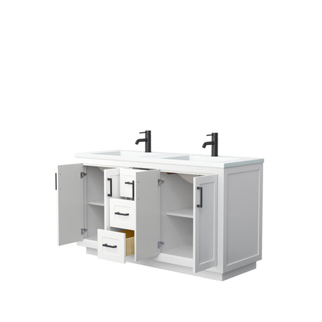 Miranda 60 Inch Double Bathroom Vanity in White 1.25 Inch Thick Matte White Solid Surface Countertop Integrated Sinks Matte Black Trim