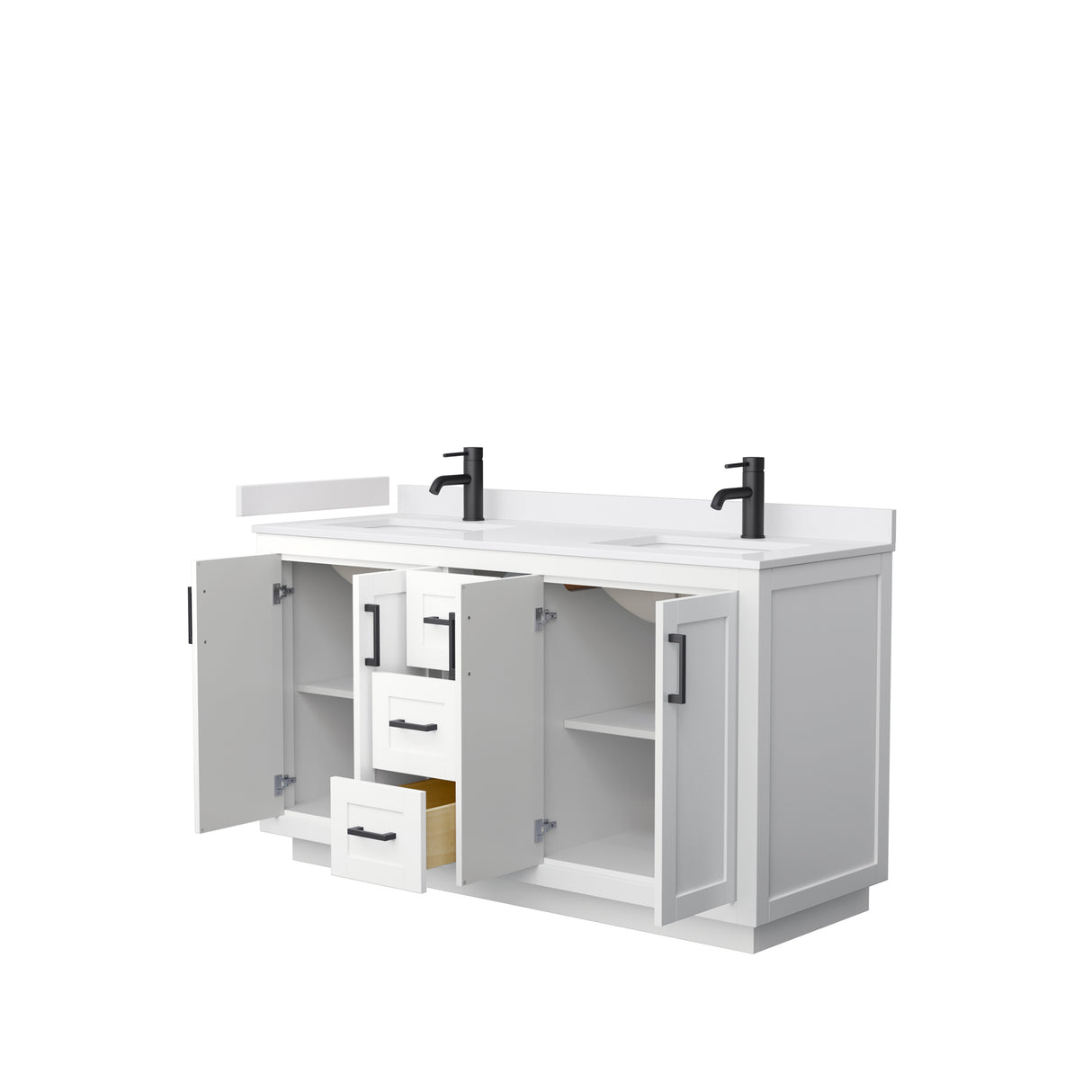 Miranda 60 Inch Double Bathroom Vanity in White White Cultured Marble Countertop Undermount Square Sinks Matte Black Trim
