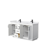 Miranda 60 Inch Double Bathroom Vanity in White White Cultured Marble Countertop Undermount Square Sinks Matte Black Trim