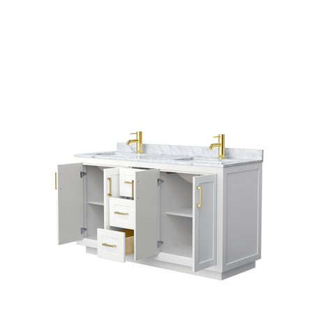 Miranda 60 Inch Double Bathroom Vanity in White White Carrara Marble Countertop Undermount Square Sinks Brushed Gold Trim