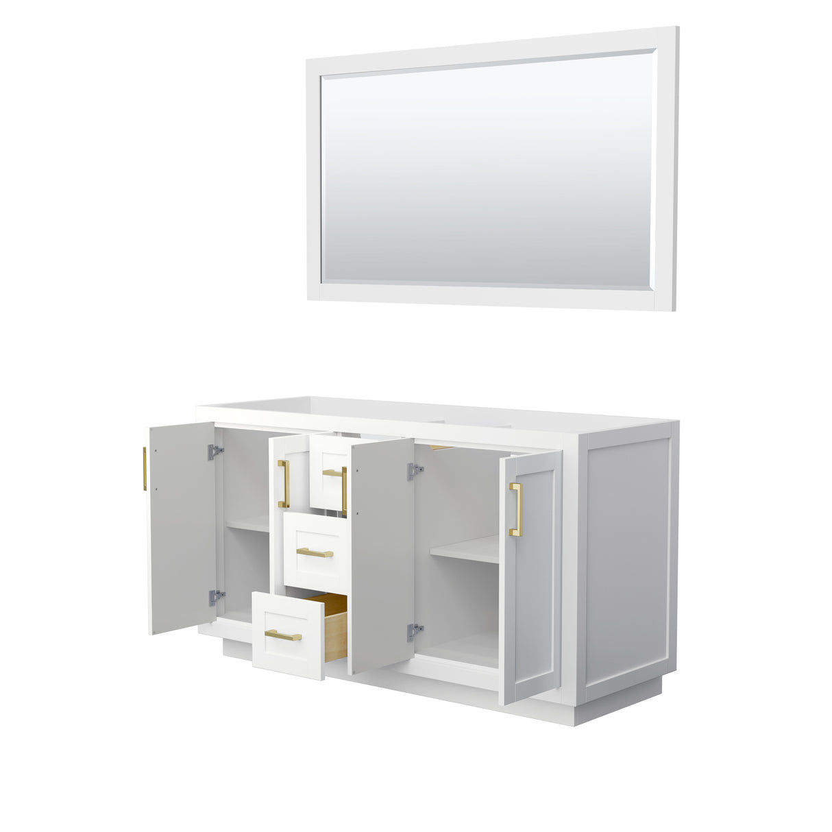 Miranda 60 Inch Double Bathroom Vanity in White No Countertop No Sink Brushed Gold Trim 58 Inch Mirror