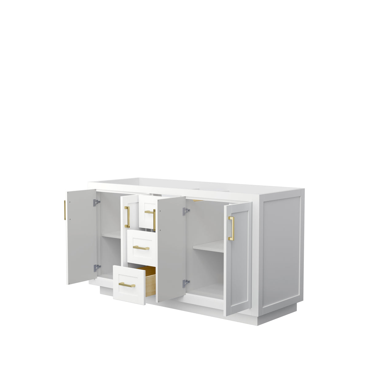 Miranda 60 Inch Double Bathroom Vanity in White No Countertop No Sink Brushed Gold Trim