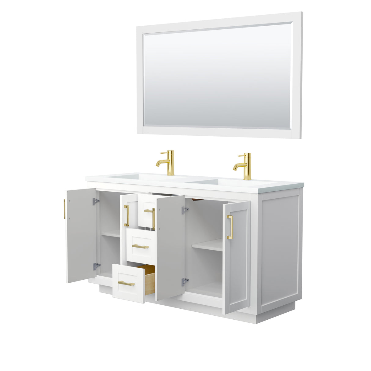 Miranda 60 Inch Double Bathroom Vanity in White 1.25 Inch Thick Matte White Solid Surface Countertop Integrated Sinks Brushed Gold Trim 58 Inch Mirror