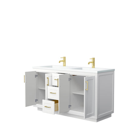 Miranda 60 Inch Double Bathroom Vanity in White 1.25 Inch Thick Matte White Solid Surface Countertop Integrated Sinks Brushed Gold Trim