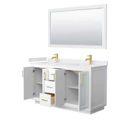 Miranda 60 Inch Double Bathroom Vanity in White White Cultured Marble Countertop Undermount Square Sinks Brushed Gold Trim 58 Inch Mirror