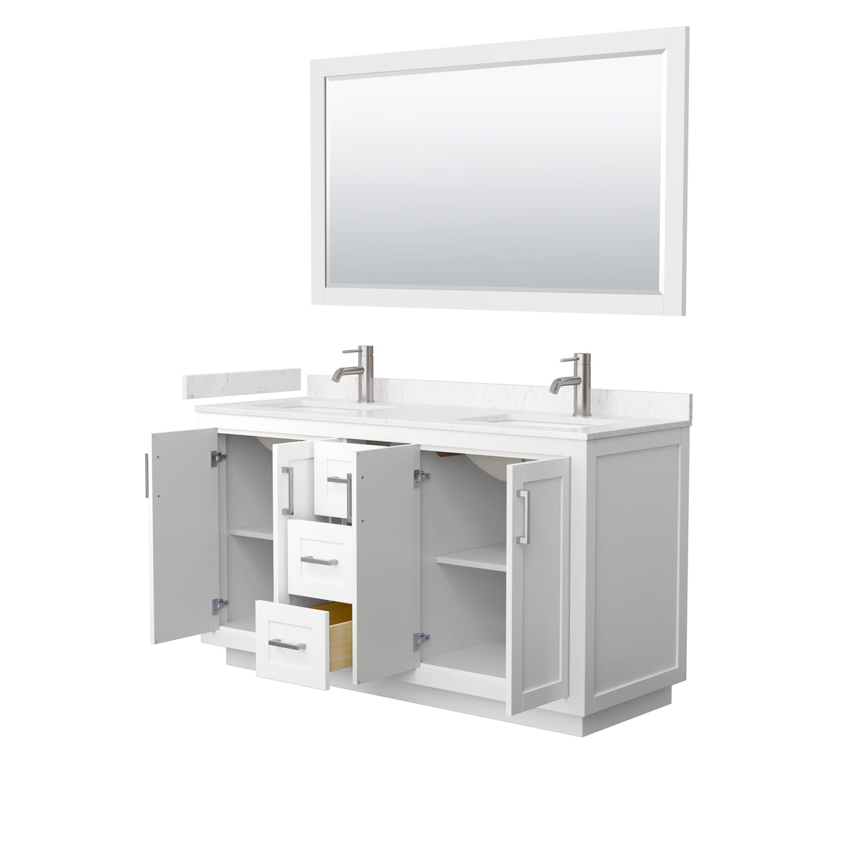 Miranda 60 Inch Double Bathroom Vanity in White Carrara Cultured Marble Countertop Undermount Square Sinks Brushed Nickel Trim 58 Inch Mirror