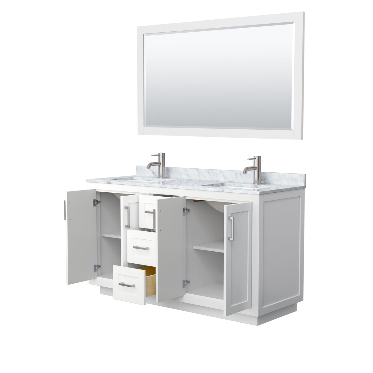 Miranda 60 Inch Double Bathroom Vanity in White White Carrara Marble Countertop Undermount Square Sinks Brushed Nickel Trim 58 Inch Mirror