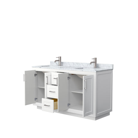 Miranda 60 Inch Double Bathroom Vanity in White White Carrara Marble Countertop Undermount Square Sinks Brushed Nickel Trim