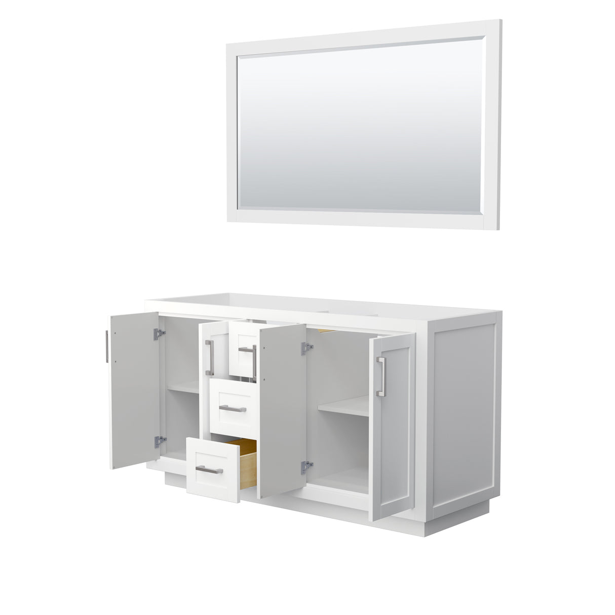 Miranda 60 Inch Double Bathroom Vanity in White No Countertop No Sink Brushed Nickel Trim 58 Inch Mirror