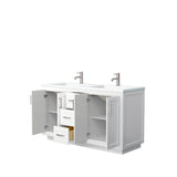 Miranda 60 Inch Double Bathroom Vanity in White 1.25 Inch Thick Matte White Solid Surface Countertop Integrated Sinks Brushed Nickel Trim