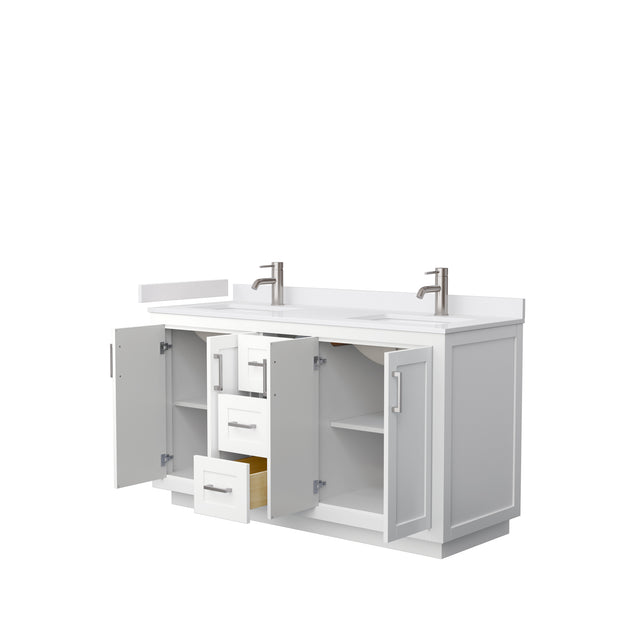 Miranda 60 Inch Double Bathroom Vanity in White White Cultured Marble Countertop Undermount Square Sinks Brushed Nickel Trim