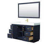 Miranda 60 Inch Single Bathroom Vanity in Dark Blue 4 Inch Thick Matte White Solid Surface Countertop Integrated Sink Brushed Gold Trim 58 Inch Mirror