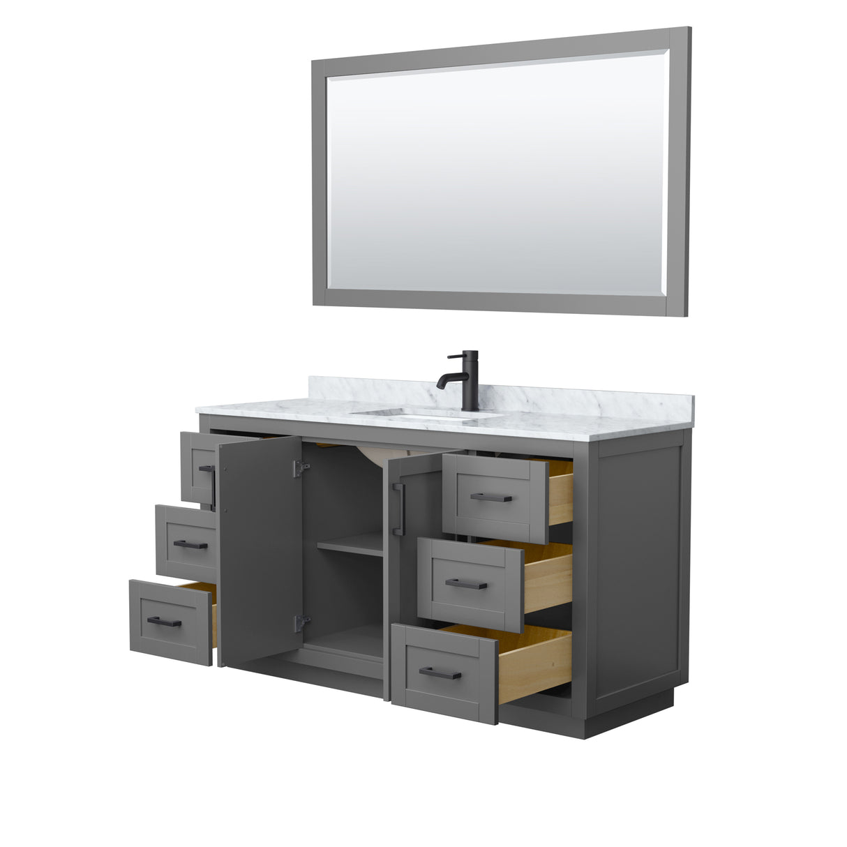 Miranda 60 Inch Single Bathroom Vanity in Dark Gray White Carrara Marble Countertop Undermount Square Sink Matte Black Trim 58 Inch Mirror