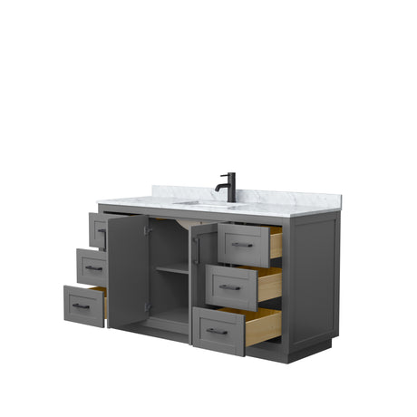 Miranda 60 Inch Single Bathroom Vanity in Dark Gray White Carrara Marble Countertop Undermount Square Sink Matte Black Trim