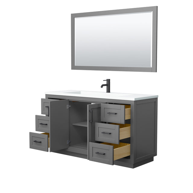 Miranda 60 Inch Single Bathroom Vanity in Dark Gray 1.25 Inch Thick Matte White Solid Surface Countertop Integrated Sink Matte Black Trim 58 Inch Mirror