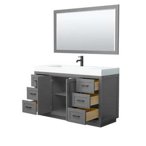 Miranda 60 Inch Single Bathroom Vanity in Dark Gray 4 Inch Thick Matte White Solid Surface Countertop Integrated Sink Matte Black Trim 58 Inch Mirror