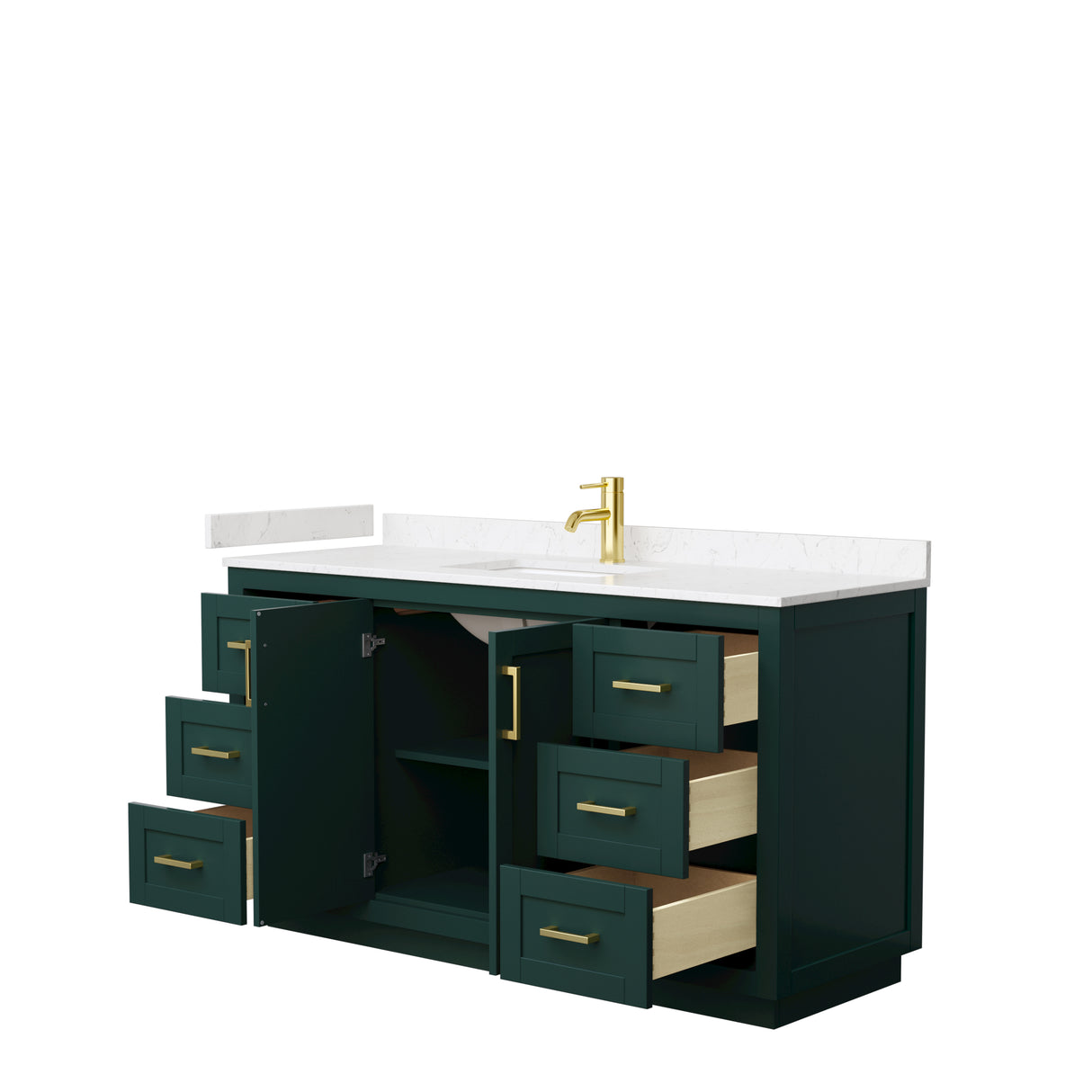 Miranda 60 Inch Single Bathroom Vanity in Green Carrara Cultured Marble Countertop Undermount Square Sink Brushed Gold Trim