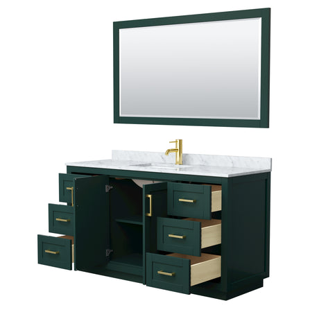 Miranda 60 Inch Single Bathroom Vanity in Green White Carrara Marble Countertop Undermount Square Sink Brushed Gold Trim 58 Inch Mirror