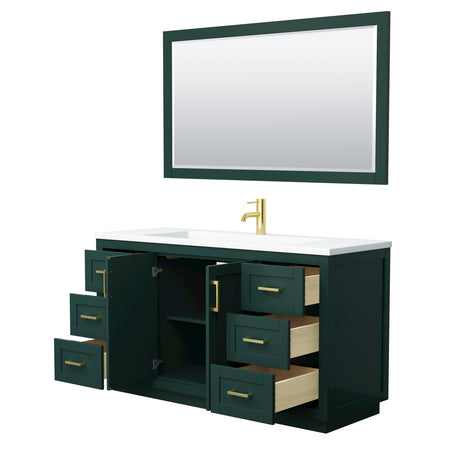 Miranda 60 Inch Single Bathroom Vanity in Green 1.25 Inch Thick Matte White Solid Surface Countertop Integrated Sink Brushed Gold Trim 58 Inch Mirror