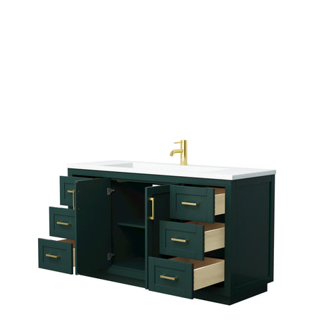 Miranda 60 Inch Single Bathroom Vanity in Green 1.25 Inch Thick Matte White Solid Surface Countertop Integrated Sink Brushed Gold Trim