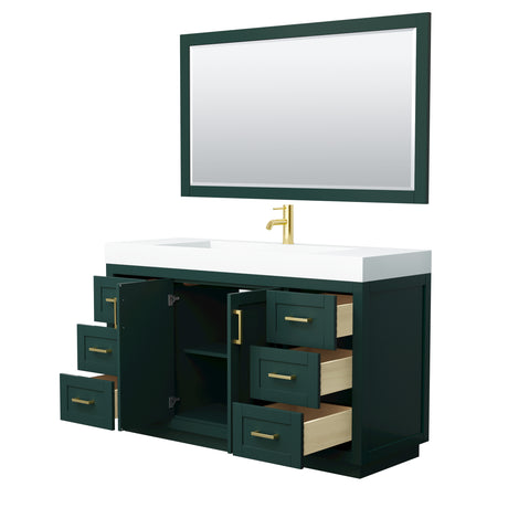 Miranda 60 Inch Single Bathroom Vanity in Green 4 Inch Thick Matte White Solid Surface Countertop Integrated Sink Brushed Gold Trim 58 Inch Mirror