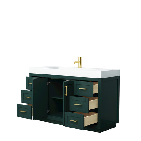 Miranda 60 Inch Single Bathroom Vanity in Green 4 Inch Thick Matte White Solid Surface Countertop Integrated Sink Brushed Gold Trim
